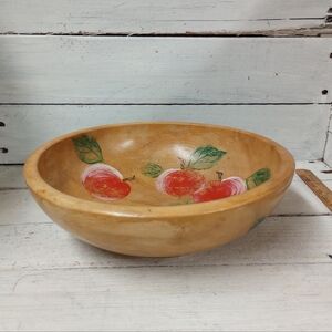 Vintage Wooden Fruit Bowl Hand Painted Apples Rustic Farmhouse Kitchen Decor 10"